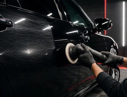 A person wearing black gloves uses a dual-action polisher to buff swirl marks and scratches out of a black car door panel.